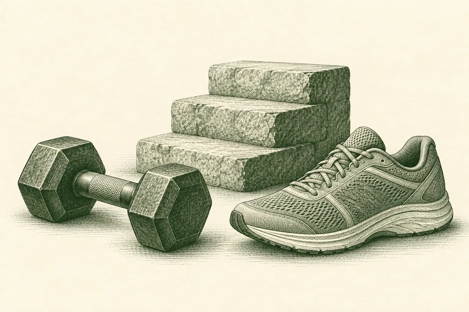 Forest-green engraving of a dumbbell, running shoe, and three stone steps